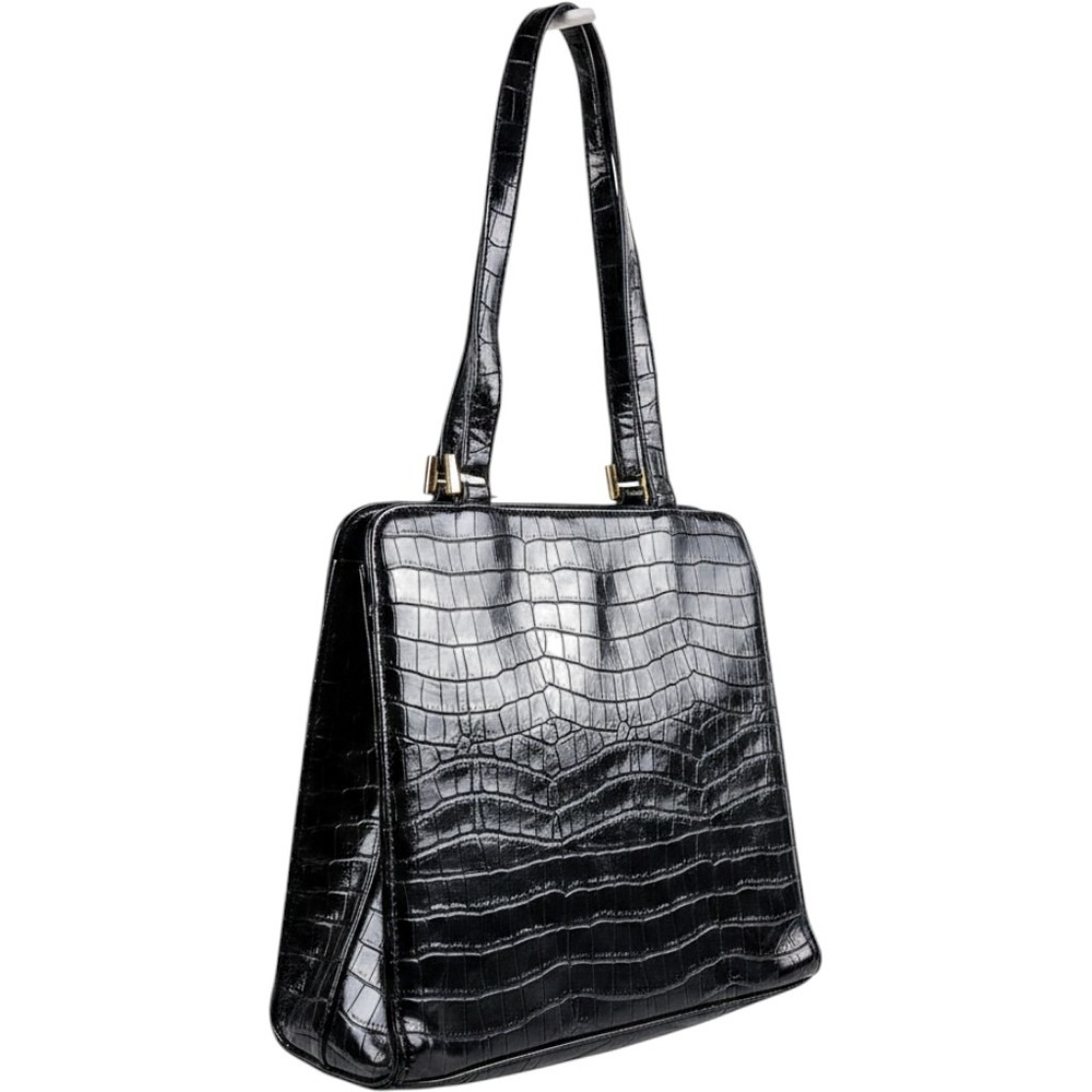 Black‎ Croc Embossed Faux Leather Shoulder Bag Square Top Zip Purse RN 32002